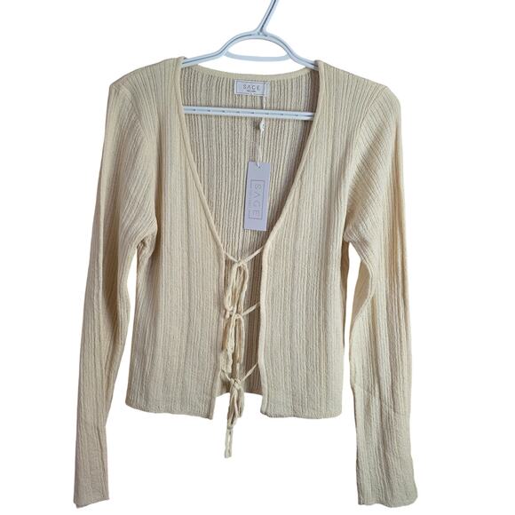 Sage The Label Cream Valeria Tie Front Rib Cardi Sweater Size Large - Picture 3 of 8